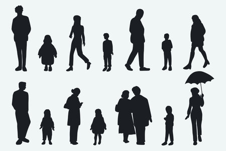 flat people silhouette male and female vector illustration in winter clothing concept isolated shadow set collection. For architecture rendering, design, info graphic, mediaのイラスト素材