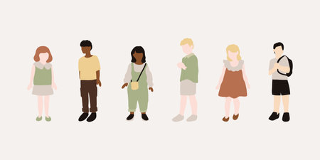 flat minimal children male and female vector illustration in summer spring clothing concept isolated set collection. For architecture rendering, graphic design, info graphic, mediaのイラスト素材