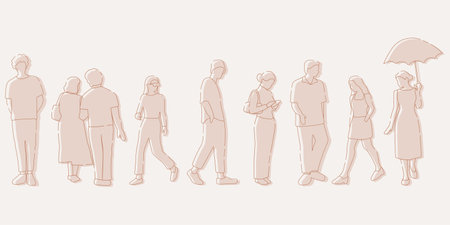 flat minimal people male and female vector illustration in spring summer clothing concept isolated set collection. Outline with silhouette shadow. For architecture, design, info grのイラスト素材