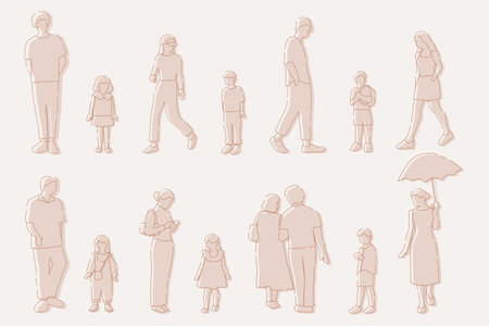 flat minimal people male and female vector illustration in spring summer clothing concept isolated set collection. Outline with silhouette shadow. For architecture, design, info grのイラスト素材