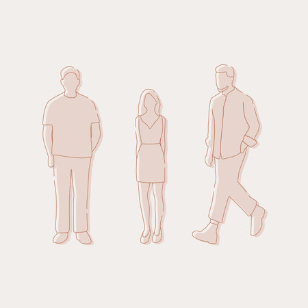 flat minimal people male and female vector illustration in spring summer clothing concept isolated set collection. Outline with silhouette shadow. For architecture, design, info grのイラスト素材