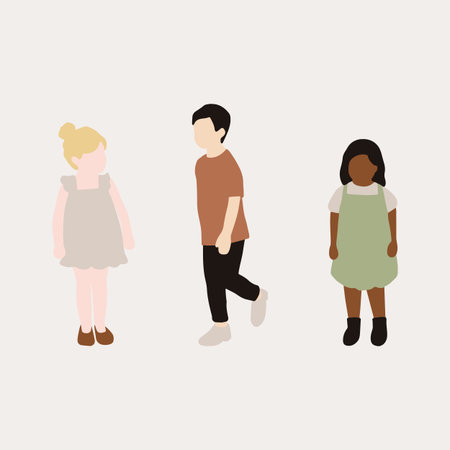 flat minimal children male and female vector illustration in summer spring clothing concept isolated set collection. For architecture rendering, graphic design, info graphic, mediaのイラスト素材
