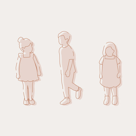 flat minimal children male and female vector illustration in spring summer clothing concept isolated set collection. Outline with silhouette shadow. For architecture, designのイラスト素材