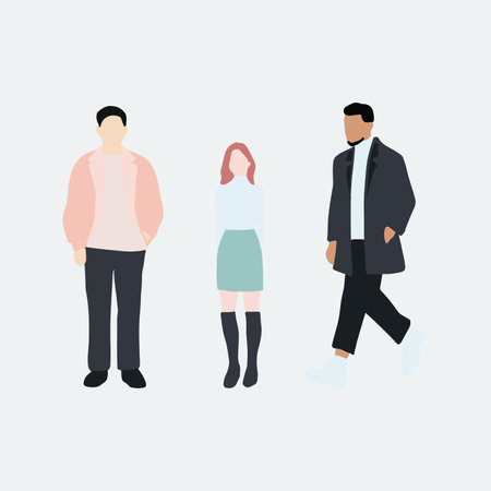 flat minimal people male and female vector illustration in winter clothing concept isolated set collection. For architecture rendering, graphic design, info graphic, mediaのイラスト素材