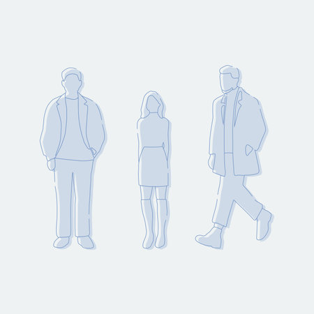 flat minimal people male and female vector illustration in winter clothing concept isolated set collection. Outline with silhouette shadow. For architecture rendering, design, infoのイラスト素材