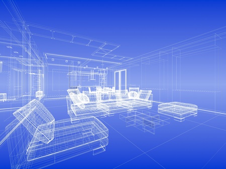 Abstract wireframe interior of living-room open space over blue gradient backgroundの写真素材