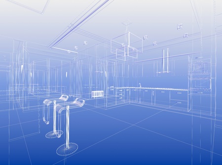 Abstract wireframe blue interior. Architectural render (3d-illustration)の写真素材