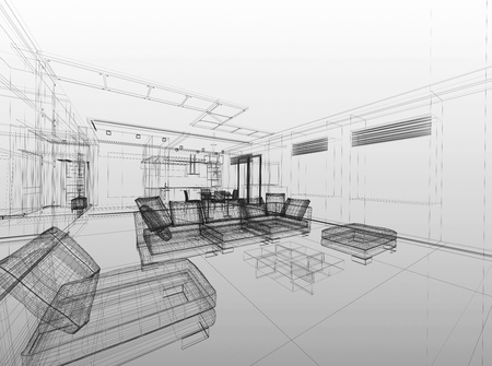 Abstract wireframe interior of living-room open space over grey gradient backgroundの写真素材
