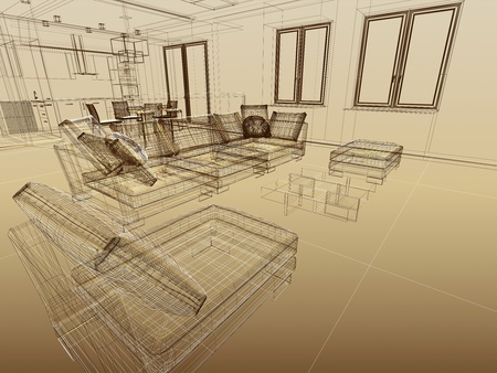 Abstract wireframe interior. Fragment with sofas. 3-d sketch as an architectural concept. Wide angleの写真素材