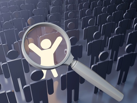 Searching concept. Outstanding  person in the crowd. Big magnifying glass over the bright figure among grey human figuresの写真素材