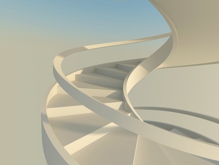 Abstract spiral staircase with slim handrails over blue skyの写真素材