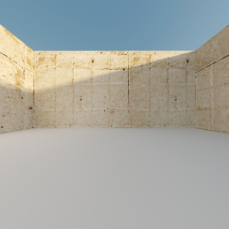 Architectural background with concrete armoured wall, white floor and clear blue sky. High resolution 3d-renderingの写真素材