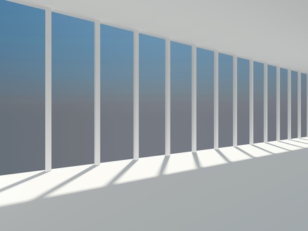 Abstract white interior with long panoramic window and skylightの写真素材