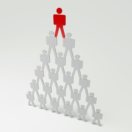 People pyramid. Concept of hierarchy inside the team. Red figure on top as a leaderの写真素材