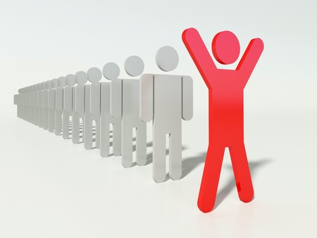 Outstanding leader of a team. Red human figure ahead of line. People in a row. Business conceptの写真素材