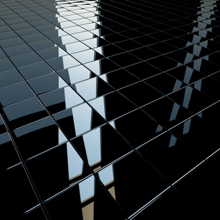 Background made of black flat glossy cubes with strong reflection. High resolution 3d-rendering, square formatの写真素材
