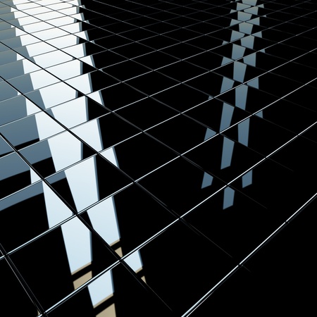 Background made of black flat glossy cubes with strong reflection. High resolution 3d-rendering, square formatの写真素材