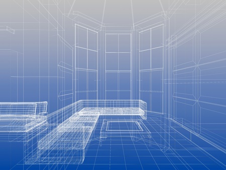 Abstract wireframe interior of livingroom open space over blue gradient backgroundの写真素材