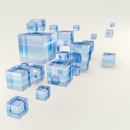 Glass cubes arranged in a chaotic way. 3d-rendering. Sea background was used as a reflection map.の写真素材