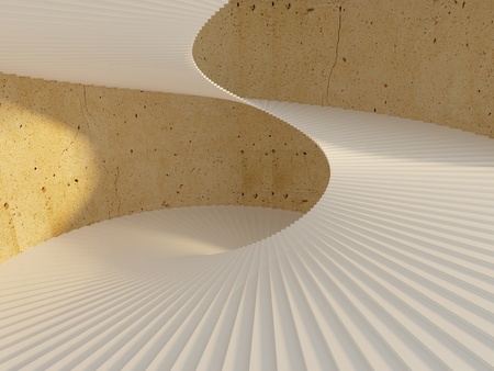 Thin elegant spiral staircase inside yellow concrete towerの写真素材