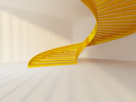 Golden spiral staircase in white interiorの写真素材
