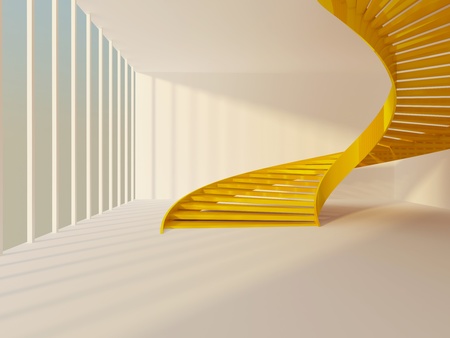 Golden spiral staircase in white modern interiorの写真素材