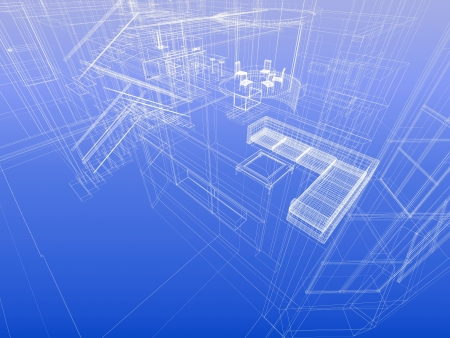 House concept. Wireframe interior of a house. Blueprint style. 3d-renderingの写真素材