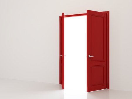 White room with open red double doorsの写真素材