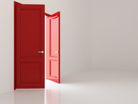 Pair of openng red doors in white interiorの写真素材