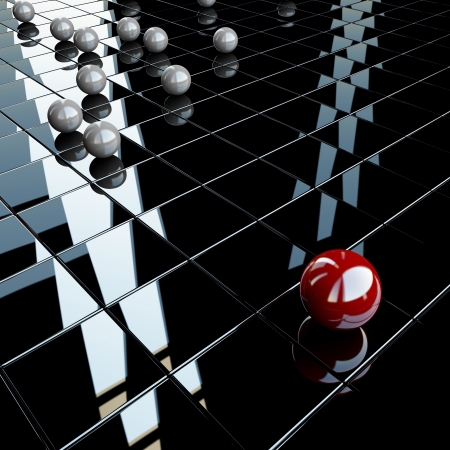 Red sphere and small white spheres over black glossy backgroundの写真素材