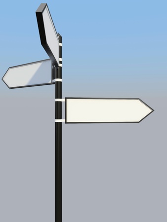 Blank signpost with three arrows over blue and grey abstract background  3d-illustrationの写真素材