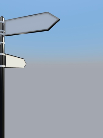 Blank signpost with two arrows over blue and grey abstract background  3d-illustrationの写真素材