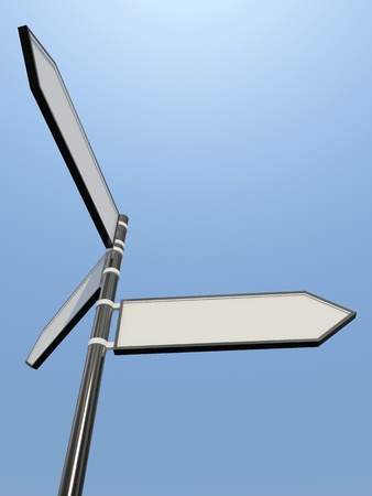 Blank signpost with three arrows over blue and grey abstract background  3d-illustrationの写真素材