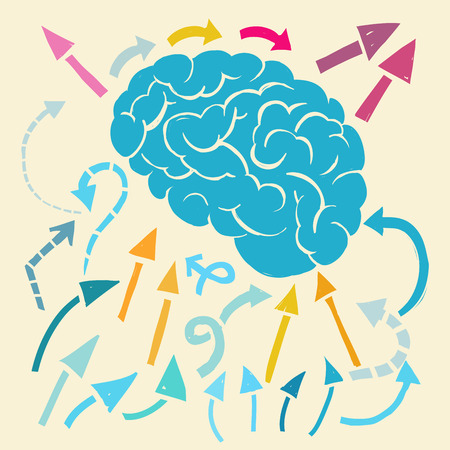 Cartoon brain with arrows flowing in and outのイラスト素材