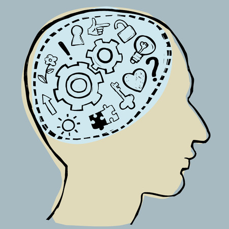 Cartoon brain with arrows flowing in and out, vector illustrationのイラスト素材