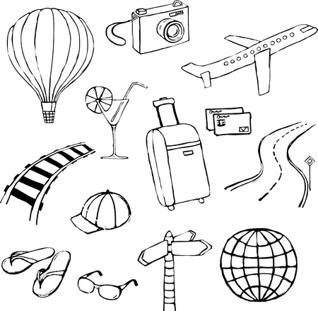 Set of hand-drawn travel icons on white backgroundのイラスト素材