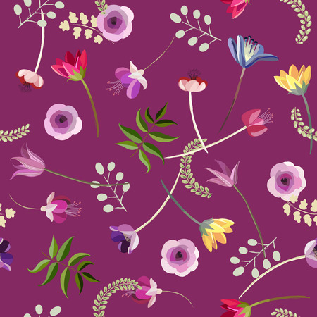 Abstract botanical seamless background, flowers and plantsのイラスト素材