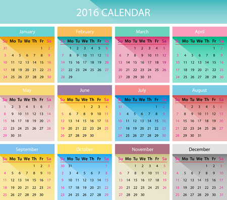 Simple 2016 year calendar in bright colorsのイラスト素材