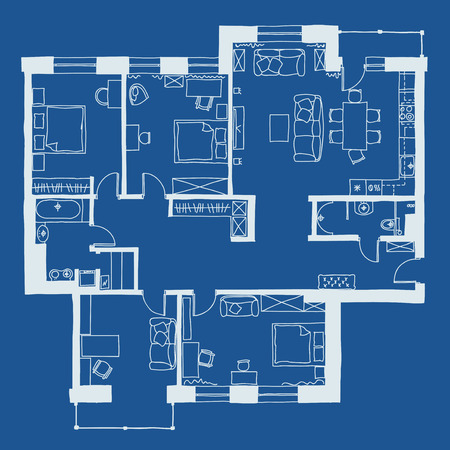 Architectural drawing, apartment plan with furniture in blueのイラスト素材