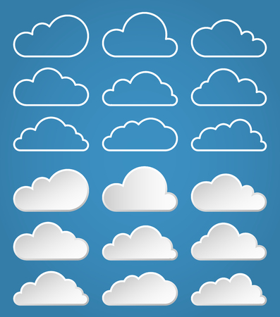 Vector white contour and flat paper cloud icons over blueのイラスト素材