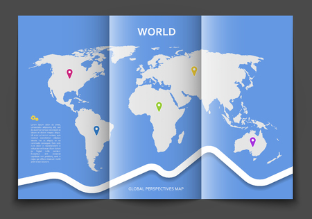 Vector brochure design template with world map and geotags pointing on continentsのイラスト素材