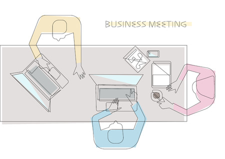 Outline vector business meeting illustration, people sitting at the long office table top viewのイラスト素材