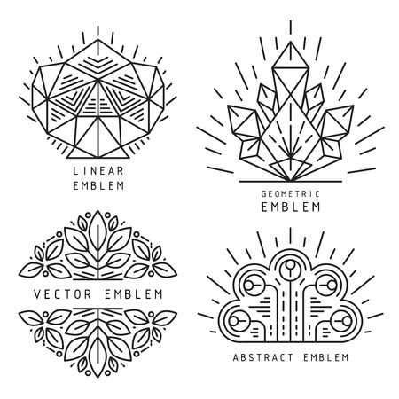 Vector linear abstract emblem set, thin line design logo and signs of leaves, gems and geometric shapesのイラスト素材