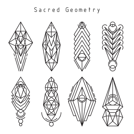 Vector linear sacred geometry emblem set, thin line design logo and signs of spiritual geometric shapesのイラスト素材