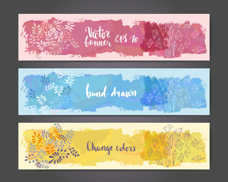 Abstract hand drawn brushed banner templates with leaves and crystals drawingのイラスト素材