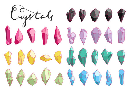 Vector crystals flat style, linear icons of gems, natural stones in various colors, crystal symbols collectionのイラスト素材