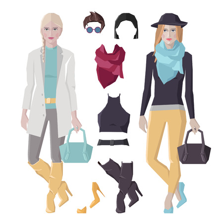 Vector flat style woman figures, outfit concept, fashion girls in beautiful clothesのイラスト素材