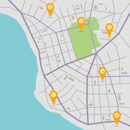 Vector flat abstract city map with pin pointers and infrastructure iconsのイラスト素材