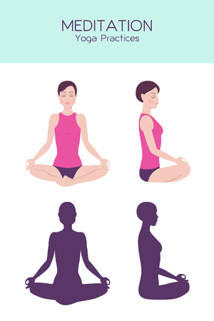 Vector set of woman figure sitting in meditation, yoga practice, relaxation pose, detailed figure and silhouetteのイラスト素材