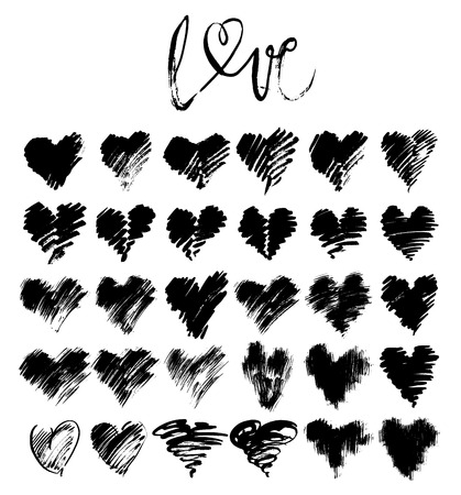 Vector doodle hand-drawn grunge black hearts set, hand drawn heart symbolsのイラスト素材